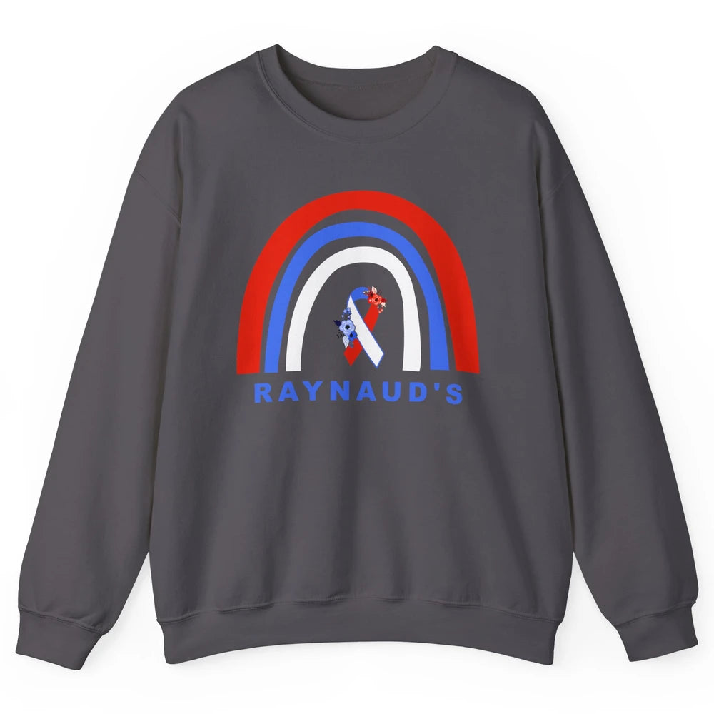 Raynaud's Syndrome Awareness Floral Red Blue Ribbon Rainbow Unisex Crewneck Sweatshirt