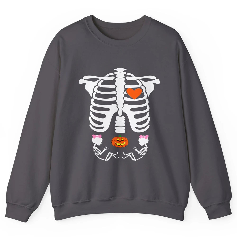 Pregnant Halloween Skeleton Baby Twins Witch Pumpkin Costume Unisex Crewneck Sweatshirt
