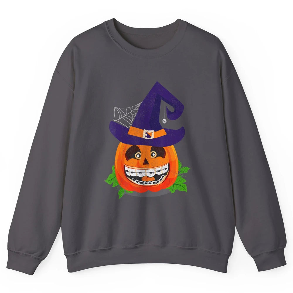 Pumpkin Witch Teeth Braces Dental Dentist Halloween Spooky Unisex Crewneck Sweatshirt