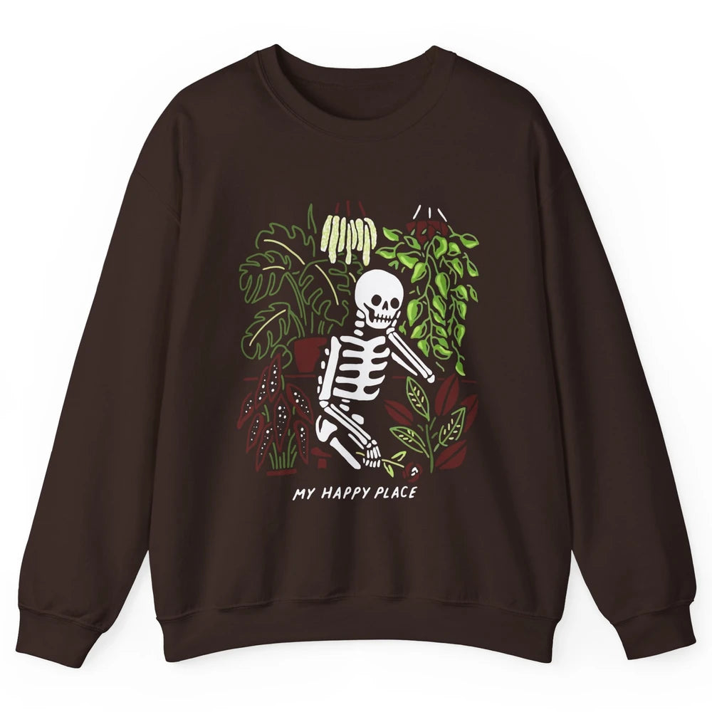 Retro Funny Skeleton Gardening My Happy Place Plant Lovers Unisex Crewneck Sweatshirt