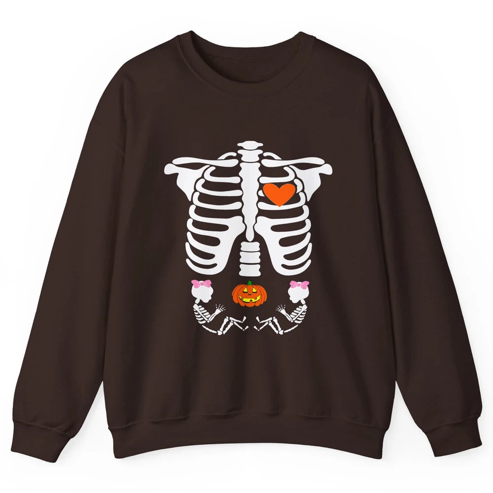 Pregnant Halloween Skeleton Baby Twins Witch Pumpkin Costume Unisex Crewneck Sweatshirt
