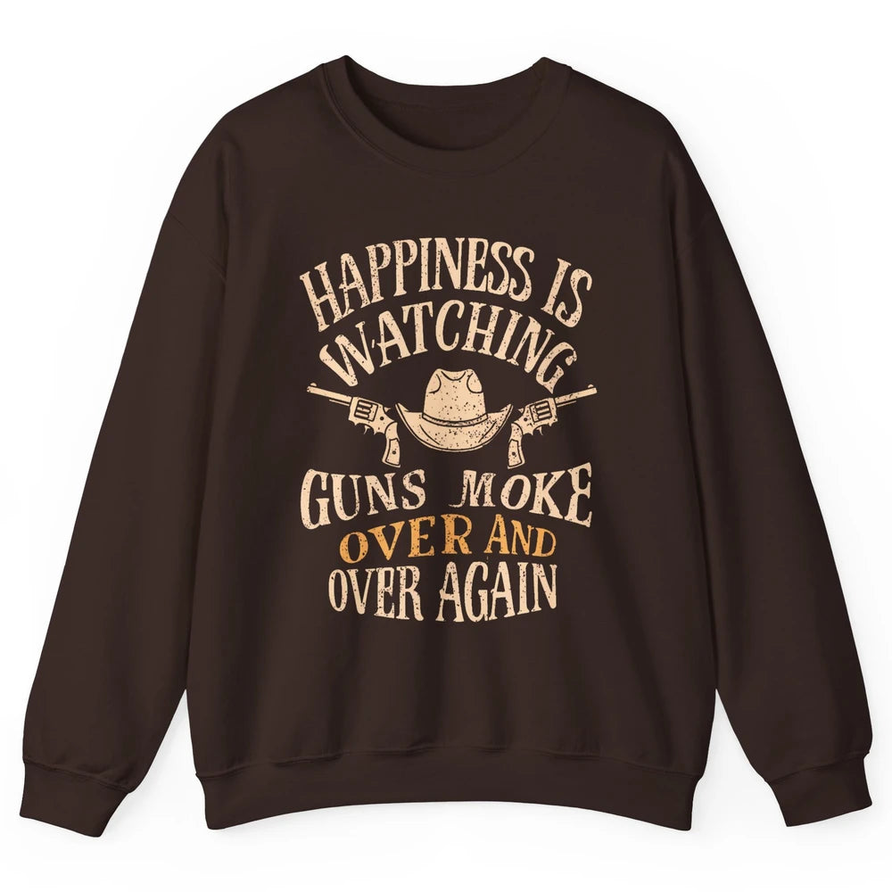 Happiness Is Watching Gunsmoke Over Retro Cowboy Hat Rodeo Howdy Western Country Unisex Crewneck Sweatshirt