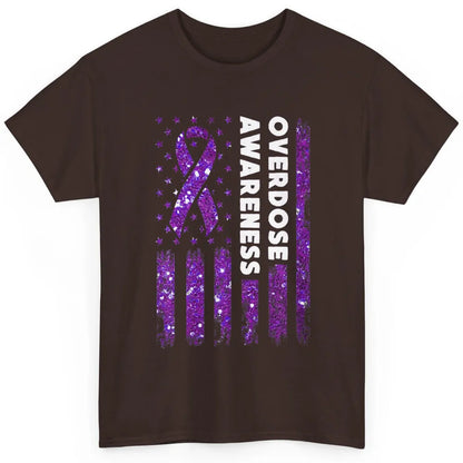 Overdose Awareness US Flag Purple Ribbon Addiction Warrior Classic Unisex T-Shirt