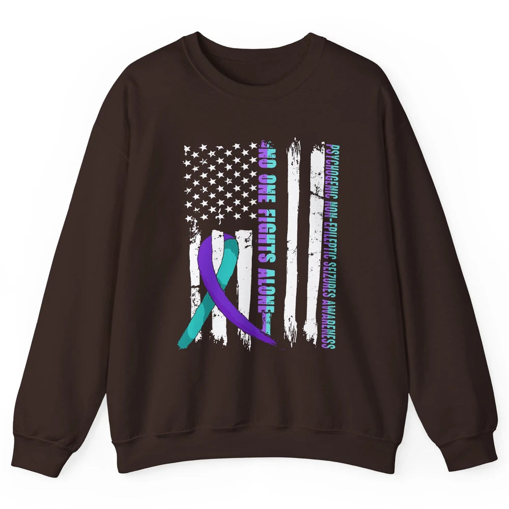 PNES Awareness Purple Teal Ribbon No One Fight Alone US Flag Unisex Crewneck Sweatshirt