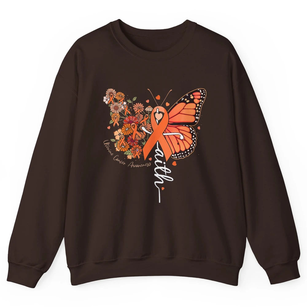 Peach Floral Butterfly Cross Faith Uterine Cancer Awareness Unisex Crewneck Sweatshirt