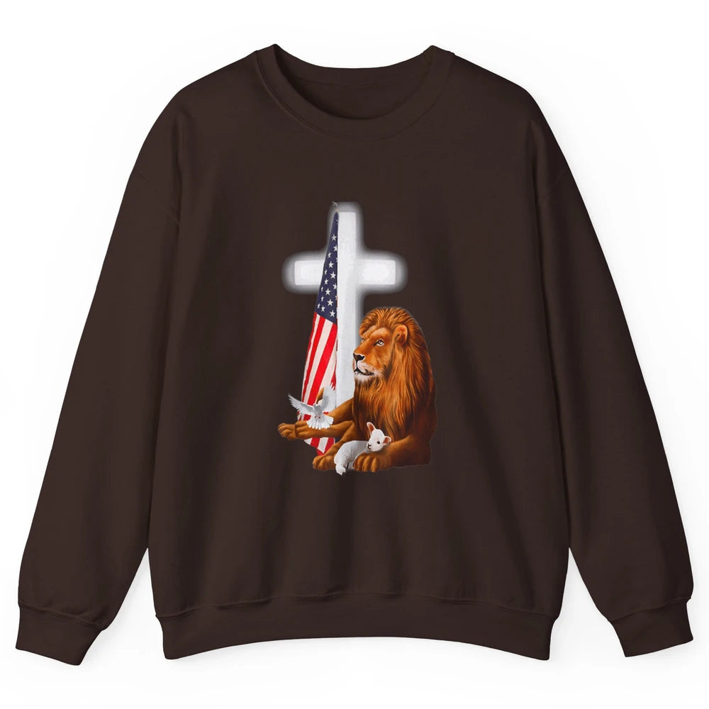 Patriotic Christian Lamb Bible Verse Lion Cross Religious Unisex Crewneck Sweatshirt
