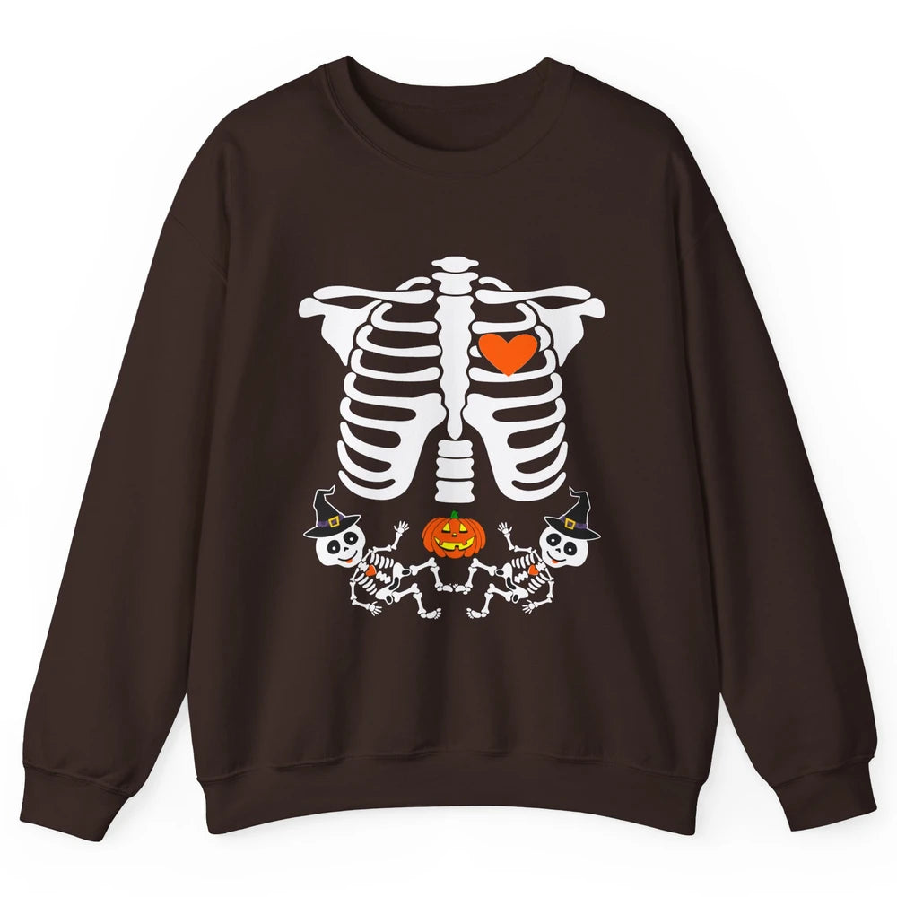 Pregnant Halloween Skeleton Baby Twins Witch Pumpkin Costume Unisex Crewneck Sweatshirt