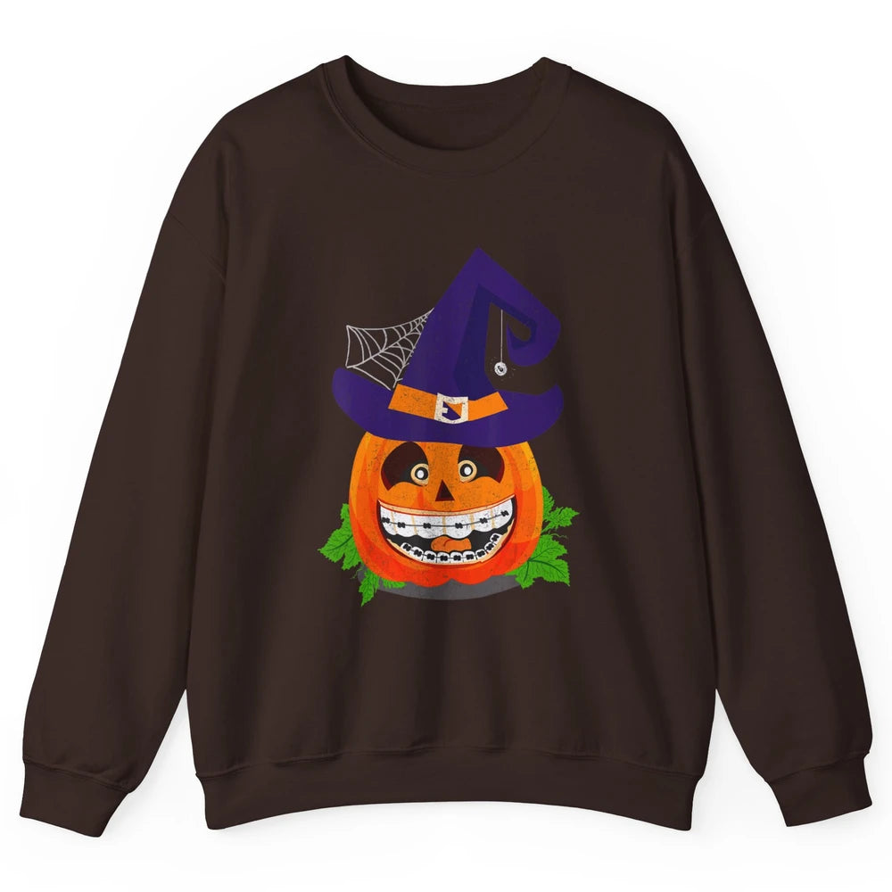 Pumpkin Witch Teeth Braces Dental Dentist Halloween Spooky Unisex Crewneck Sweatshirt