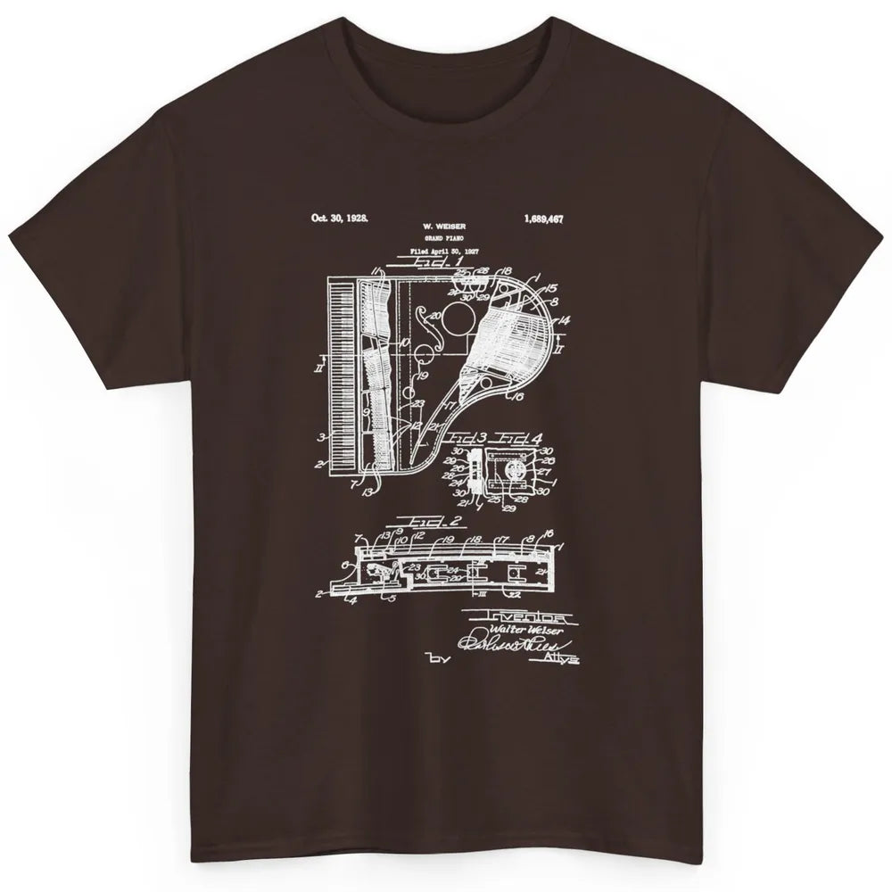 Piano Patent Style Vintage Grand Pianist Line Art Drawing Classic Unisex T-Shirt