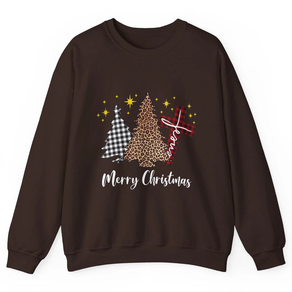 Merry Christmas Xmas Tree Cross Red Plaid Christian Leopard Unisex Crewneck Sweatshirt