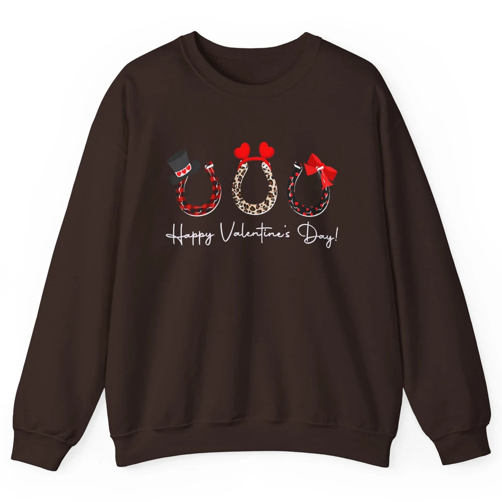Leopard Red Plaid Heart Love Horseshoes Horse Lover Happy Valentine's Day Unisex Crewneck Sweatshirt