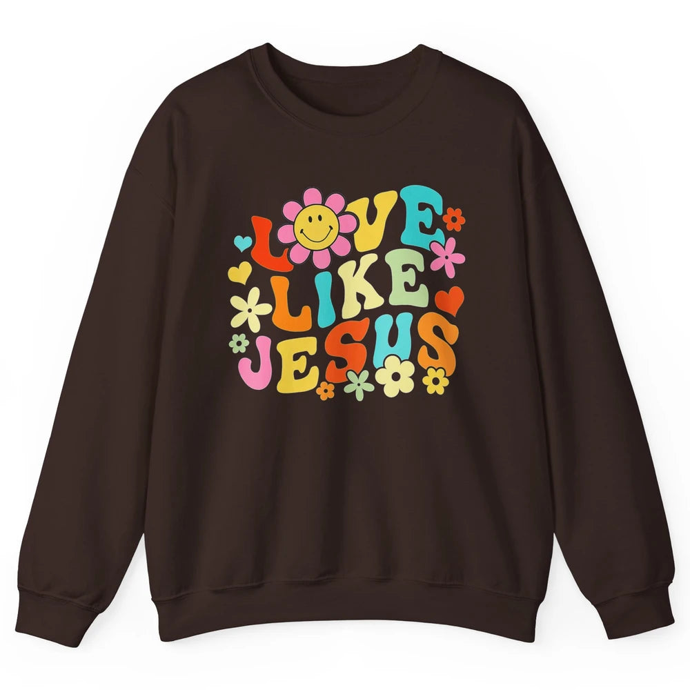 Retro Groovy Love Like Jesus Smiling Face Daisy Boho God Unisex Crewneck Sweatshirt