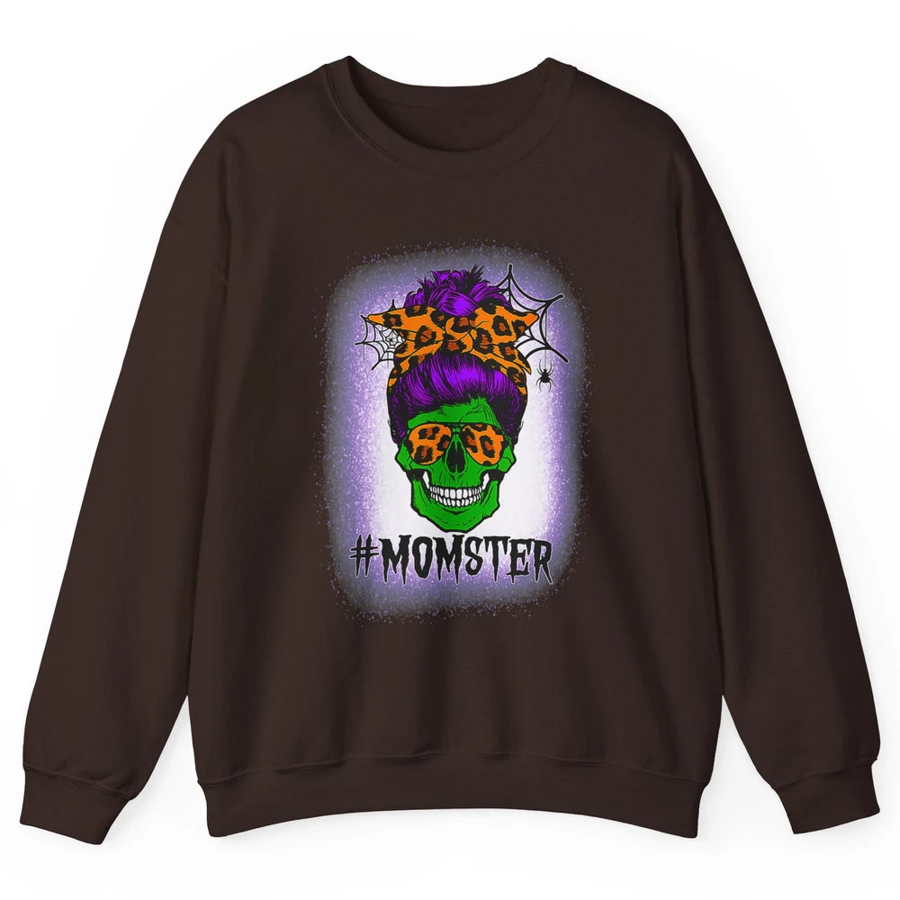 Retro Momster Messy Bun Skull Mom Halloween Spooky Mama Goth Unisex Crewneck Sweatshirt