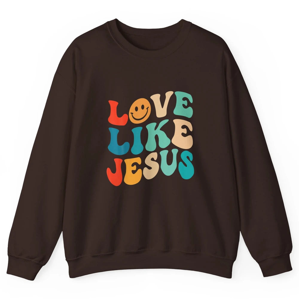 Retro Groovy Love Like Jesus Smiling Face Christ Faith God Unisex Crewneck Sweatshirt