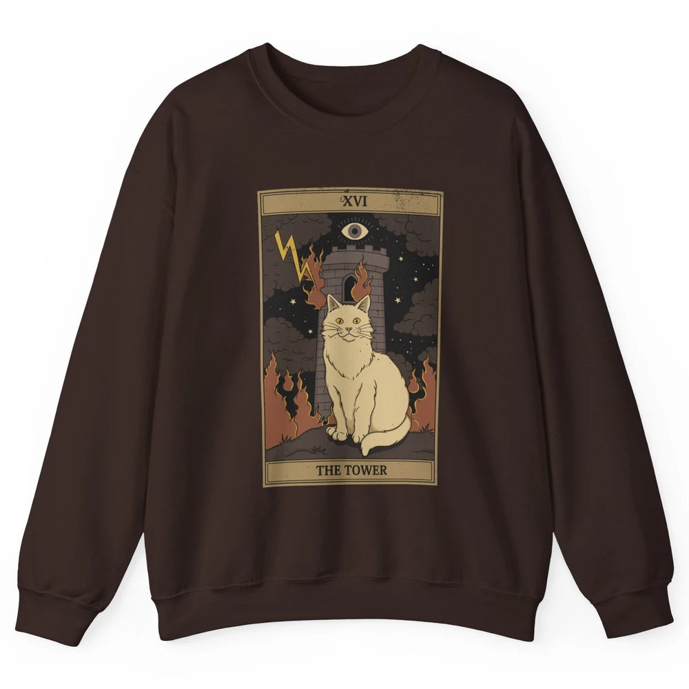 Retro Halloween Cat Witch The Tower Tarot Card Witchcraft Unisex Crewneck Sweatshirt