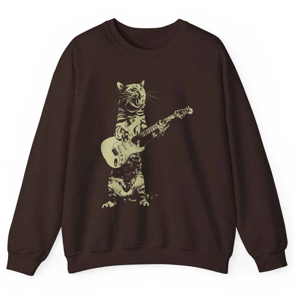 Retro Cat Playing Guitar Cat Guitarist Music Lovers Cat Mom Unisex Crewneck Sweatshirt