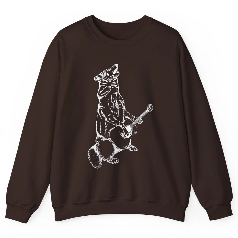 Retro Howling Wolf Playing Guitar Musician Guitarist Music Unisex Crewneck Sweatshirt