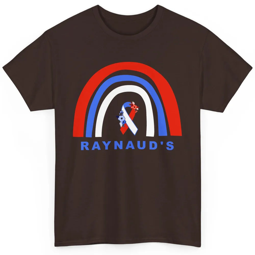 Raynaud's Syndrome Awareness Floral Red Blue Ribbon Rainbow Classic Unisex T-Shirt