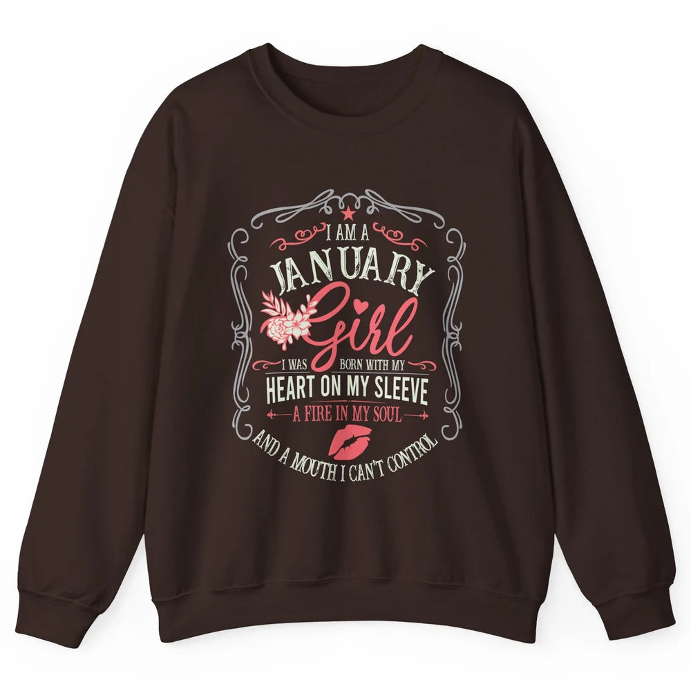 Retro January Girl Born With My Heart On My Sleeve Birthday Unisex Crewneck Sweatshirt
