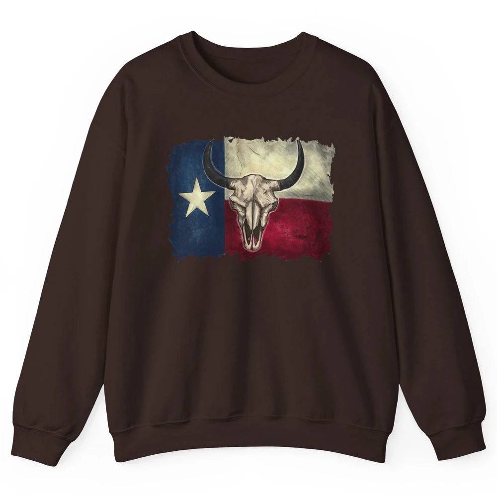 Retro Bull Skull Texas Map Western Country Cowboy Cowgirl Unisex Crewneck Sweatshirt