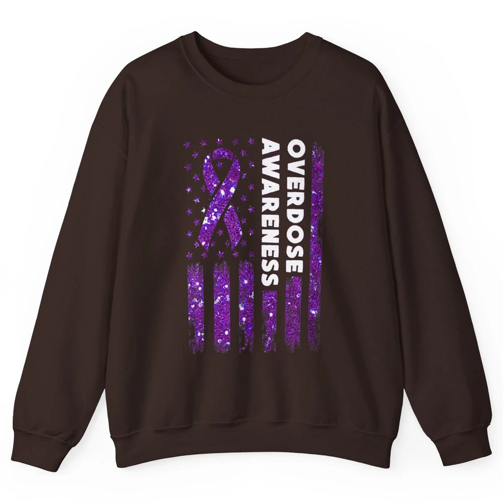 Overdose Awareness US Flag Purple Ribbon Addiction Warrior Unisex Crewneck Sweatshirt