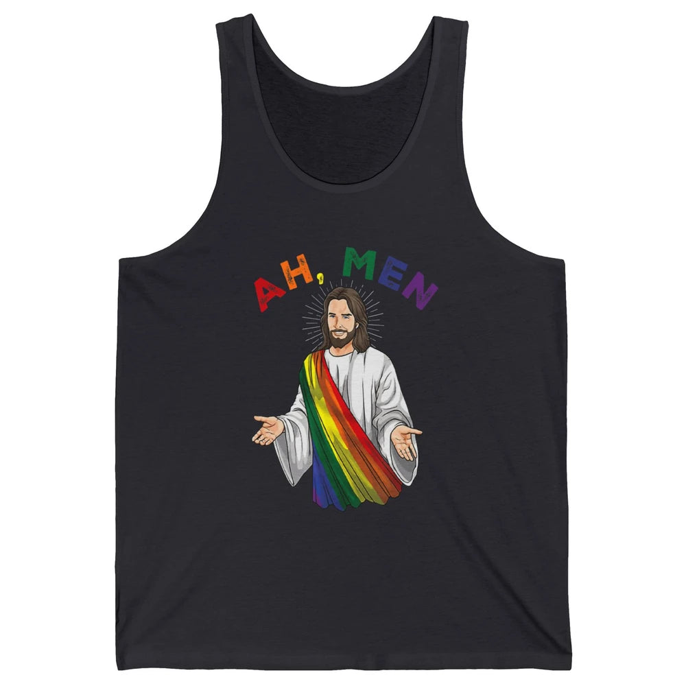 Ah Men LGBT Gay Pride Jesus Christian God Rainbow Flag Love Unisex Jersey Tank