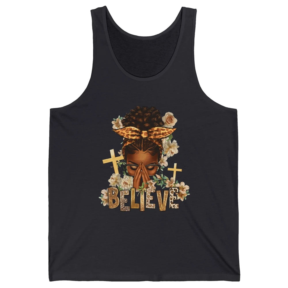 Floral Leopard Afro Messy Bun Believe Christian Religious Unisex Jersey Tank