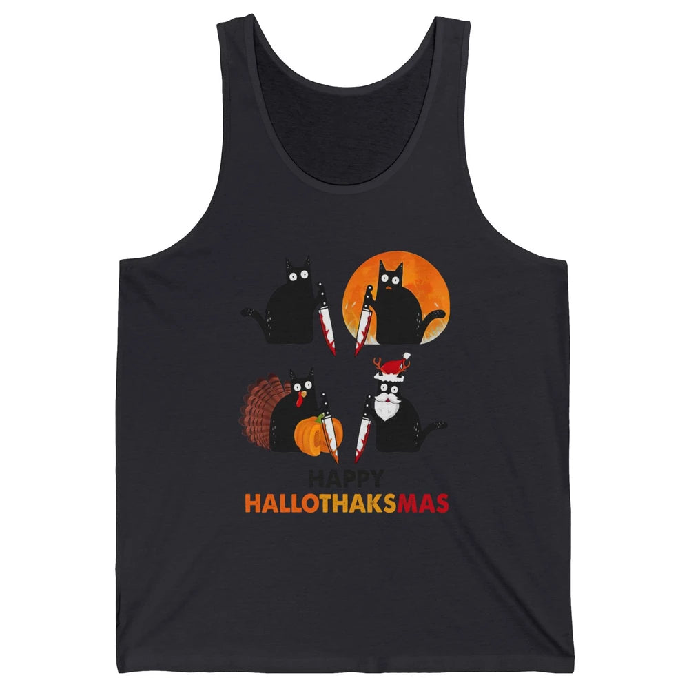 Funny Murderous Cat Turkey Hallo-thank-mas Thanksgiving Xmas Unisex Jersey Tank