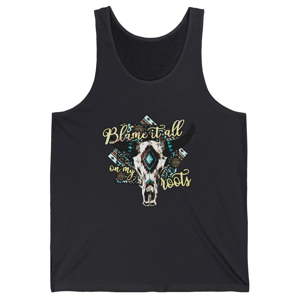 Retro Boot Blame It All On My Root Cow Skull Western Cowboy Unisex Jersey Tank
