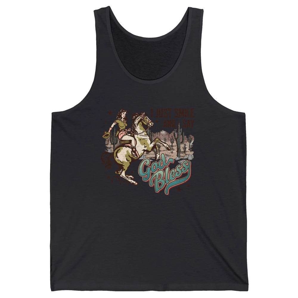Retro Cowgirl Horsing I Just Smile And Say God Bless Western Unisex Jersey Tank