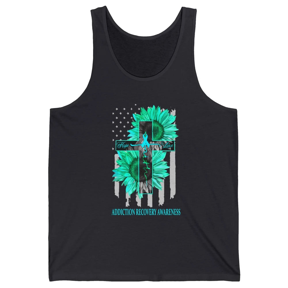 Addiction Recovery Faith Hope Love Teal US Flag Jesus Cross Unisex Jersey Tank