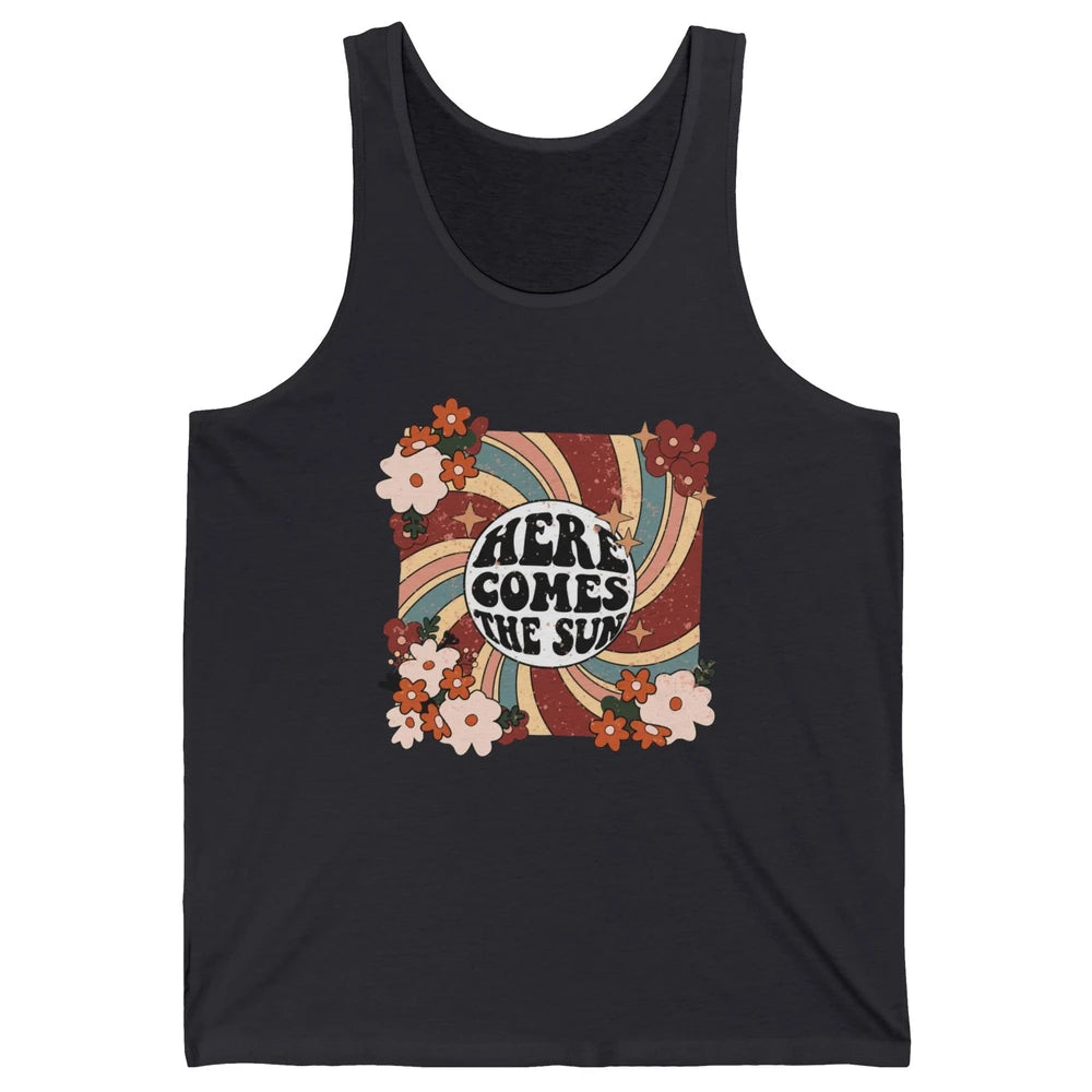 Retro Rainbow Sunrise Here Come The Sun Hippie Inspirational Unisex Jersey Tank