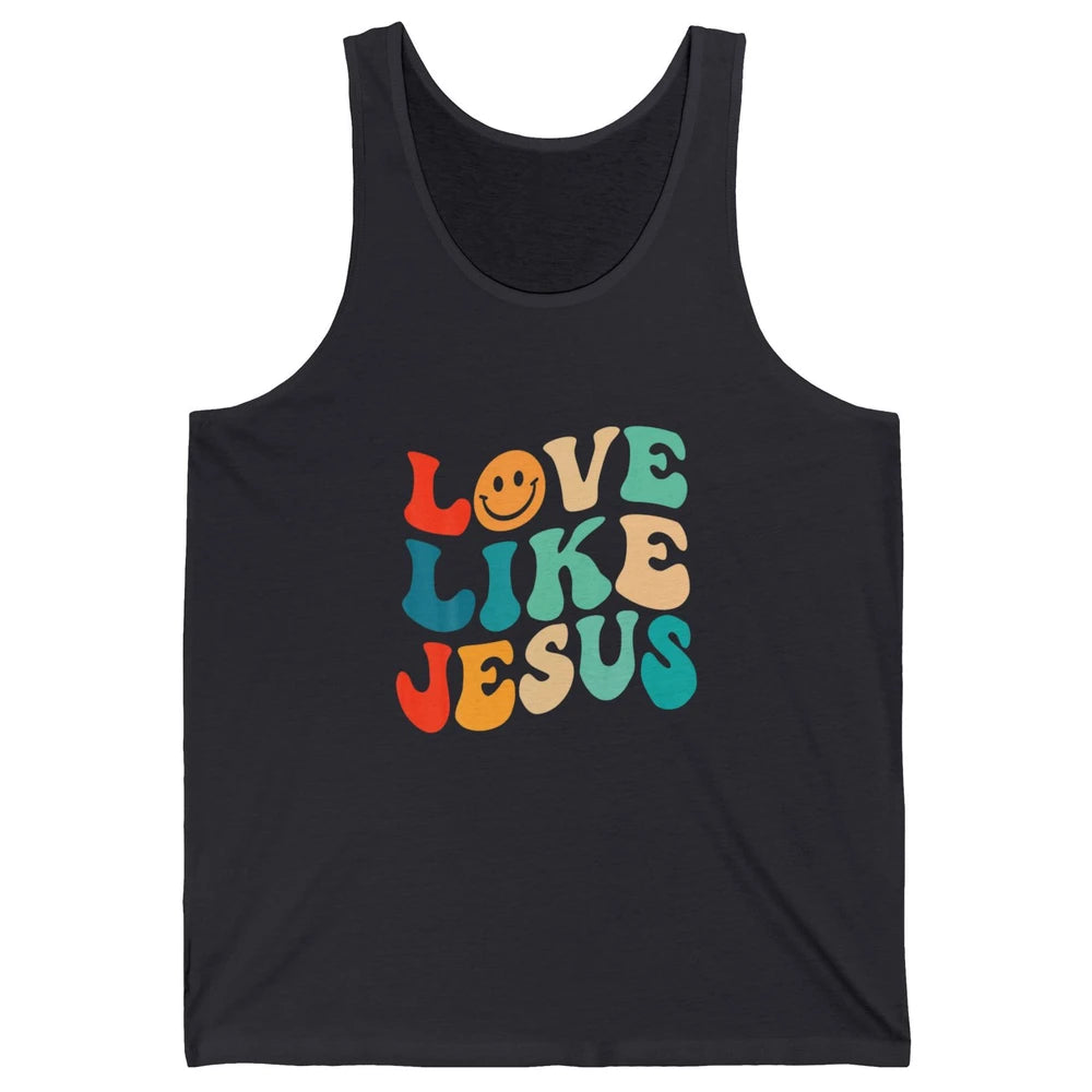 Retro Groovy Love Like Jesus Smiling Face Christ Faith God Unisex Jersey Tank