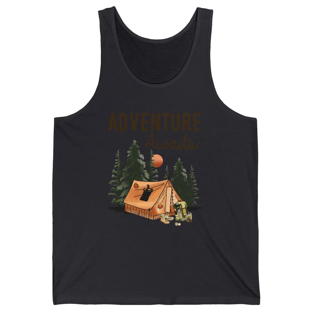 Retro Camping Tent Mountain Sunset Adventure Awaits Campers Unisex Jersey Tank