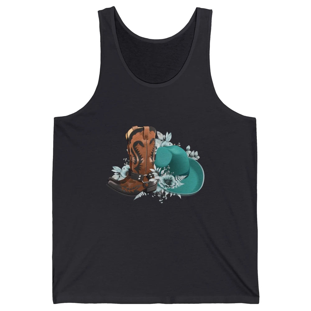Retro Cowgirl Floral Turquoise Cowboy Boots Rodeo Western Unisex Jersey Tank
