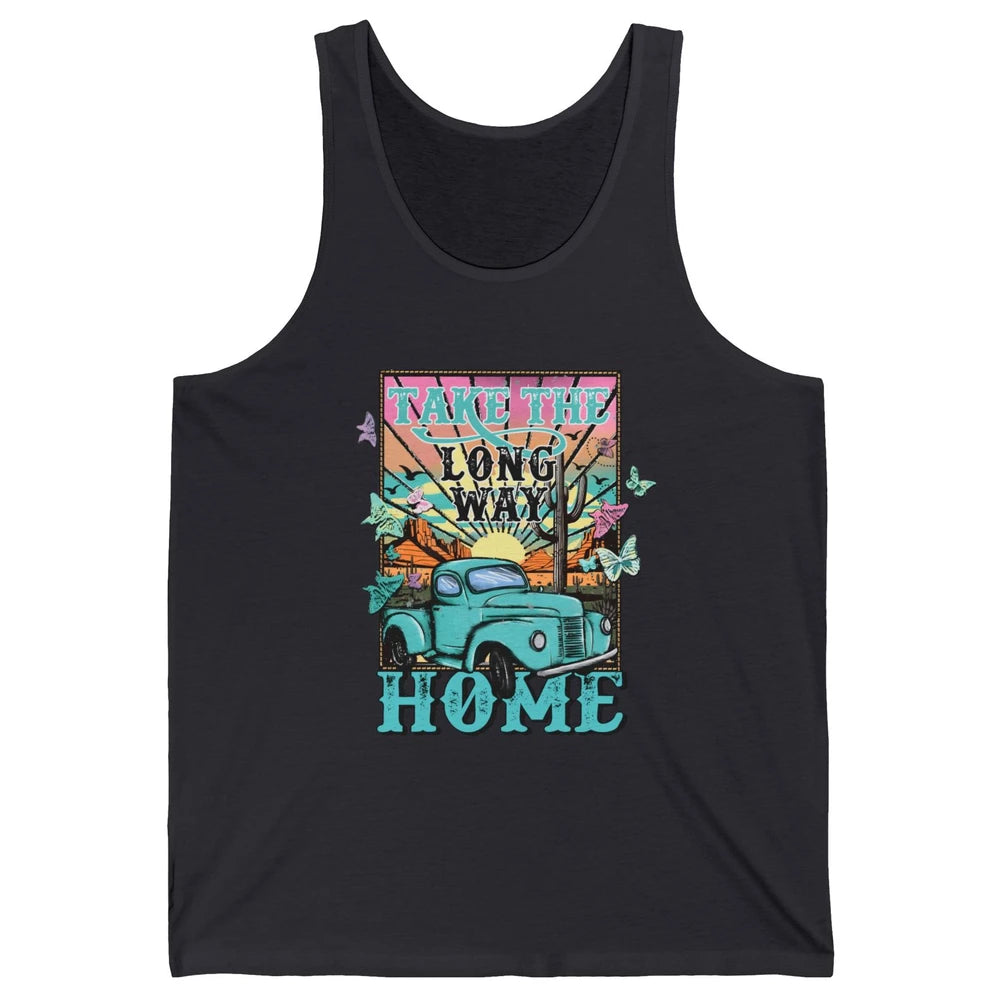 Retro Mountain Sunset Take The Long Way Home Western Country Unisex Jersey Tank