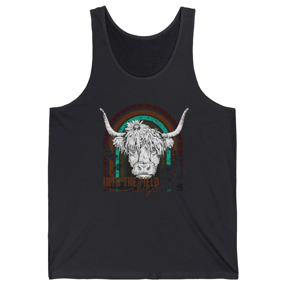 Retro Highland Cow Western Rainbow Into The Field I Go Unisex Jersey Tank
