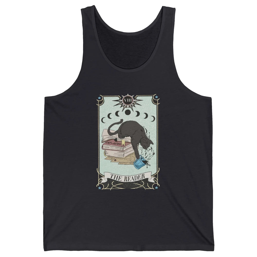 Retro Black Cat Books The Reader Tarot Card Halloween Reading Book Crescent Moon Unisex Jersey Tank