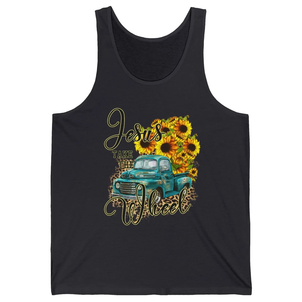 Sunflower Jesus Take The Wheel Christian Gift Leopard Print Unisex Jersey Tank