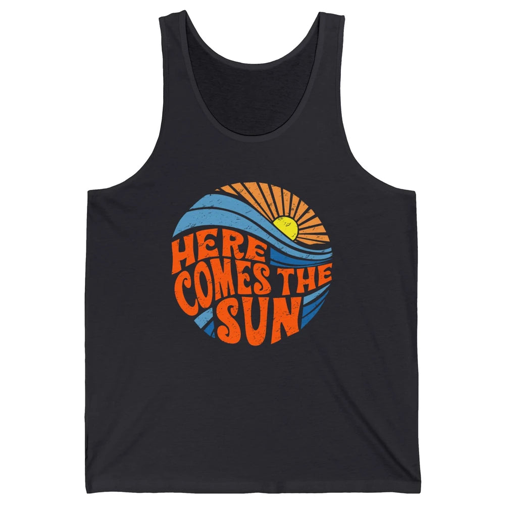 Retro Rainbow Sunrise Here Comes The Sun Hippie Girl Unisex Jersey Tank