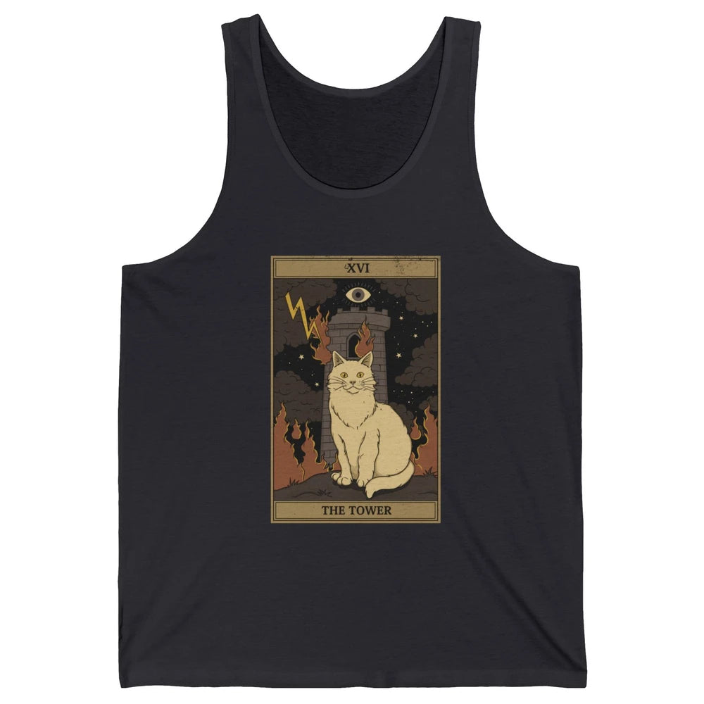 Retro Halloween Cat Witch The Tower Tarot Card Witchcraft Unisex Jersey Tank