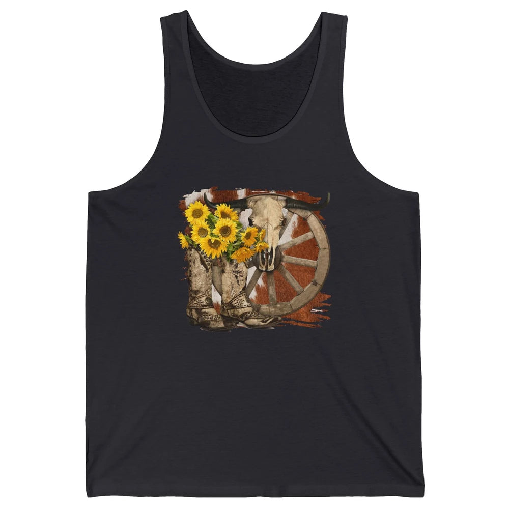 Retro Sunflower Cowgirl Boots Cow Skull Western Country Girl Unisex Jersey Tank