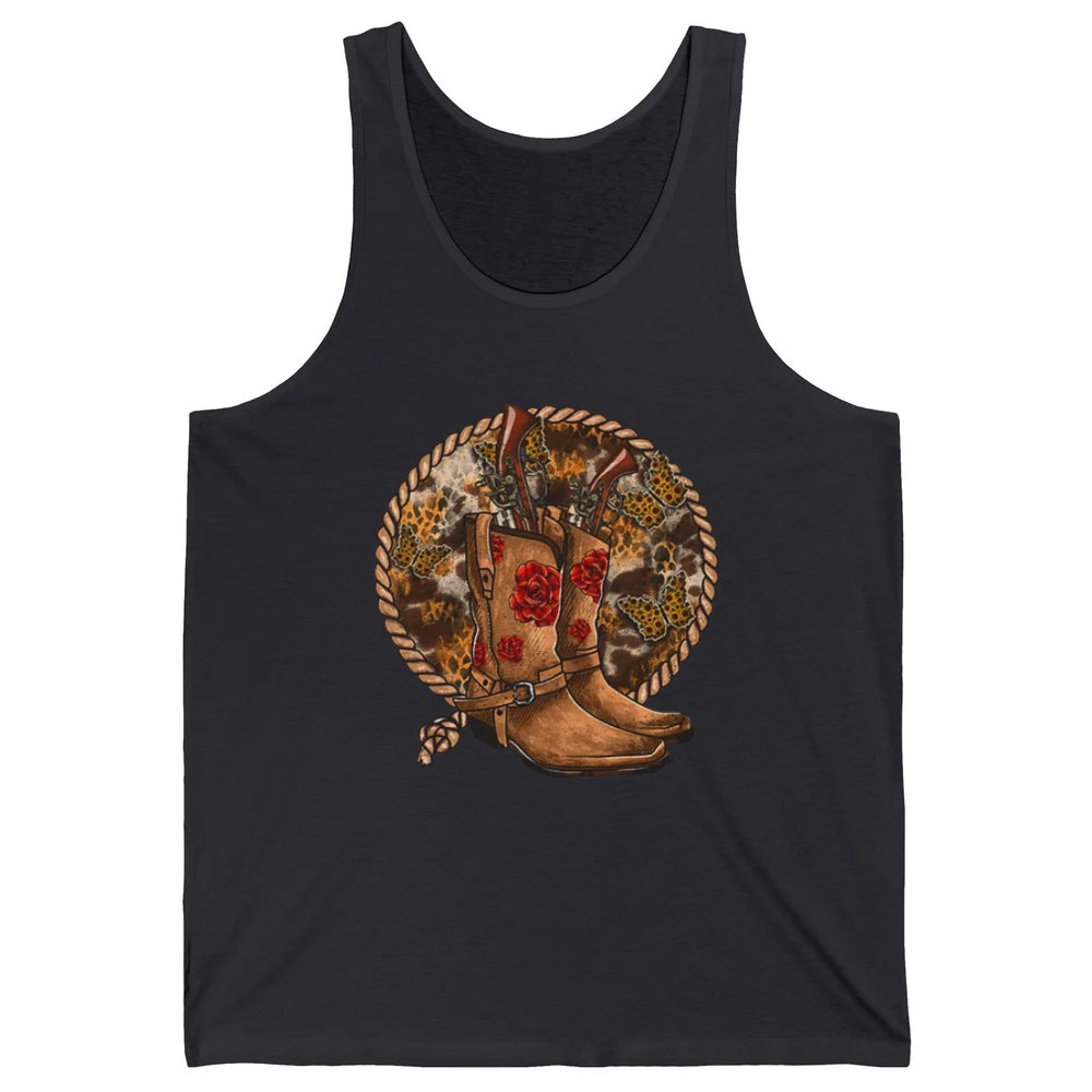 Retro Leopard Cowgirl Boots Sunflower Rodeo Western Country Unisex Jersey Tank