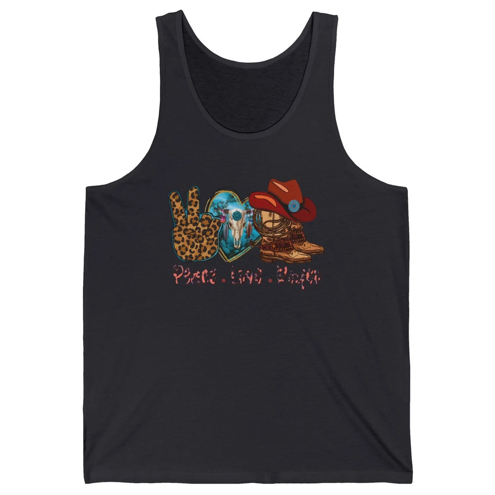 Retro Peace Love Rodeo Cowboy Boots And Hat Western Country Unisex Jersey Tank