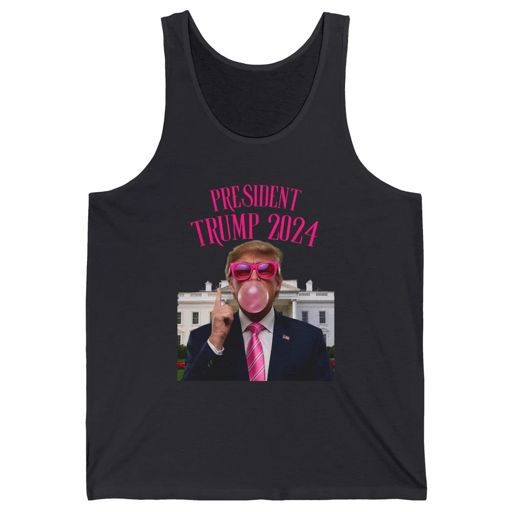 President Trump 2024 Blowing Bubble Gum Funny Trump Won Sarcastic Chewing Gum Pink Sunglasses Political Unisex Jersey Tank
