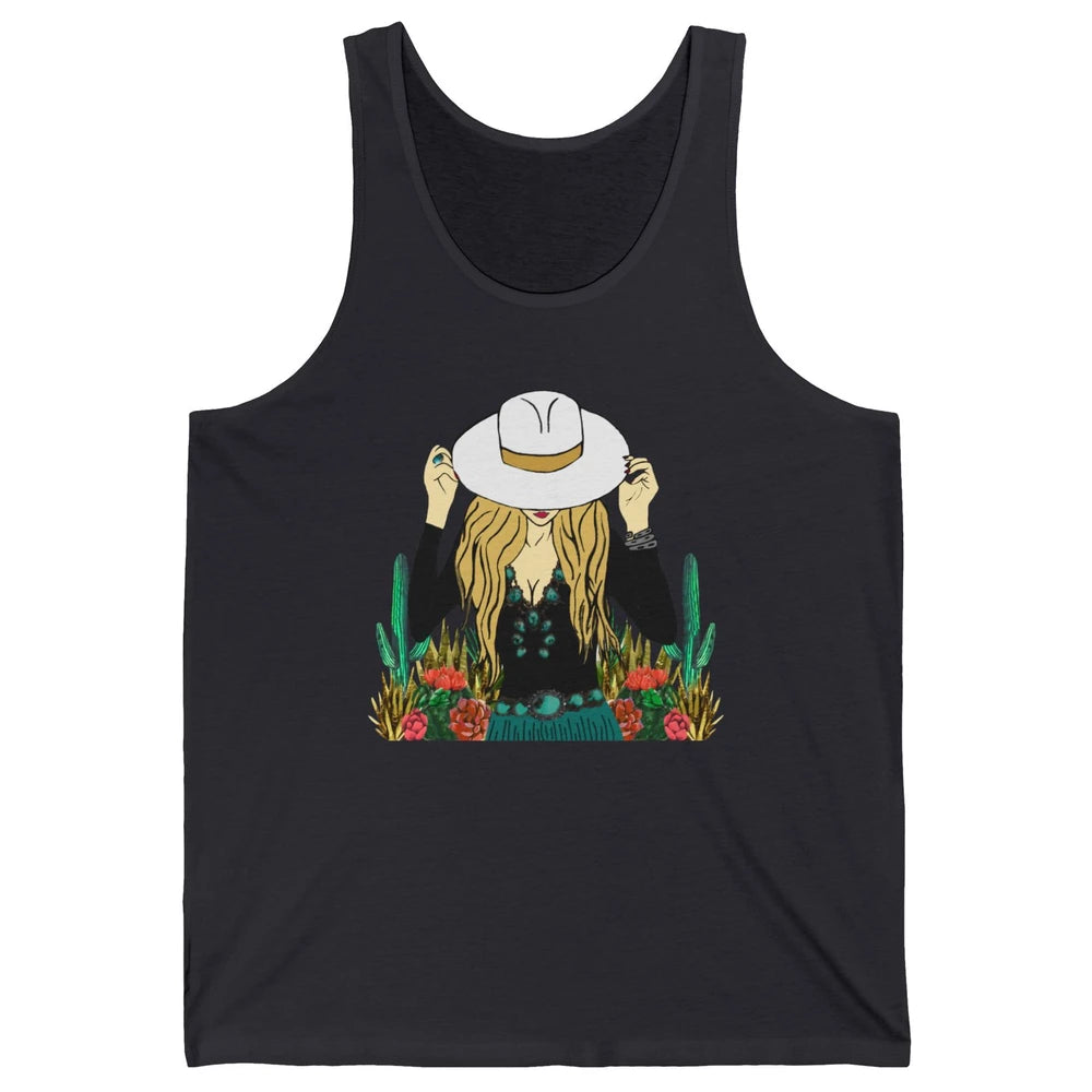 Retro Blonde Cowgirl Punchy Cowhide Turquoise Western Cowboy Unisex Jersey Tank