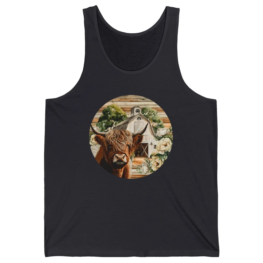 Retro Farm Highland Cow Barn House Western Country Farmer Unisex Jersey Tank