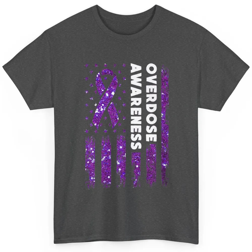Overdose Awareness US Flag Purple Ribbon Addiction Warrior Classic Unisex T-Shirt