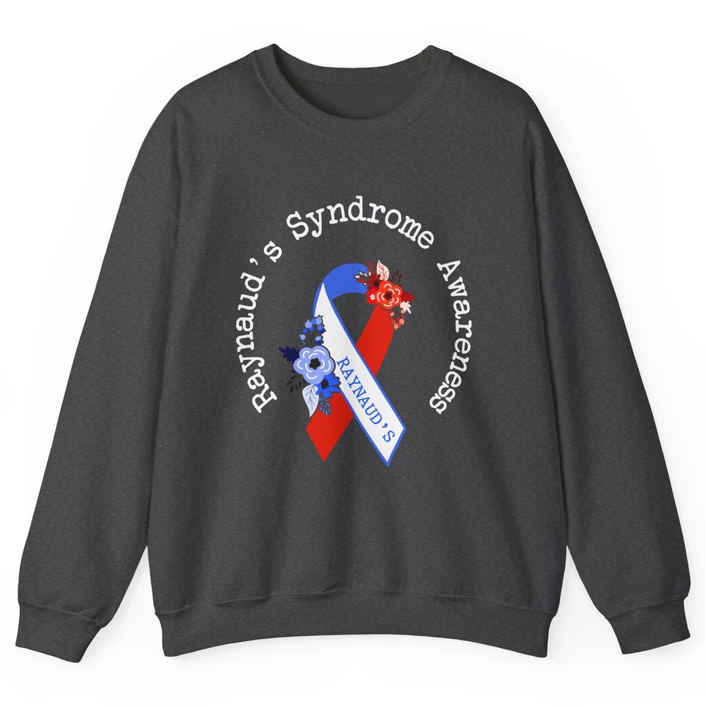 Raynaud's Syndrome Awareness Support Floral Red Blue Ribbon Unisex Crewneck Sweatshirt