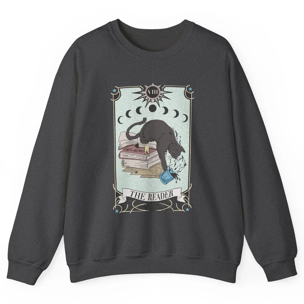 Retro Black Cat Books The Reader Tarot Card Halloween Reading Book Crescent Moon Unisex Crewneck Sweatshirt